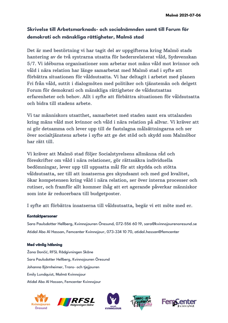 Skrivelse till Arbetsmarknads- och socialnämnden samt till Forum för demokrati och mänskliga rättigheter, Malmö stad.pdf