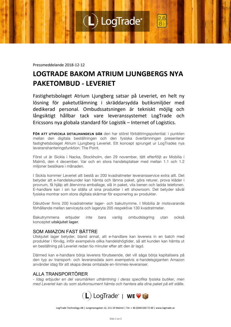 LogTrade bakom Atrium Ljungbergs nya paketombud – Leveriet