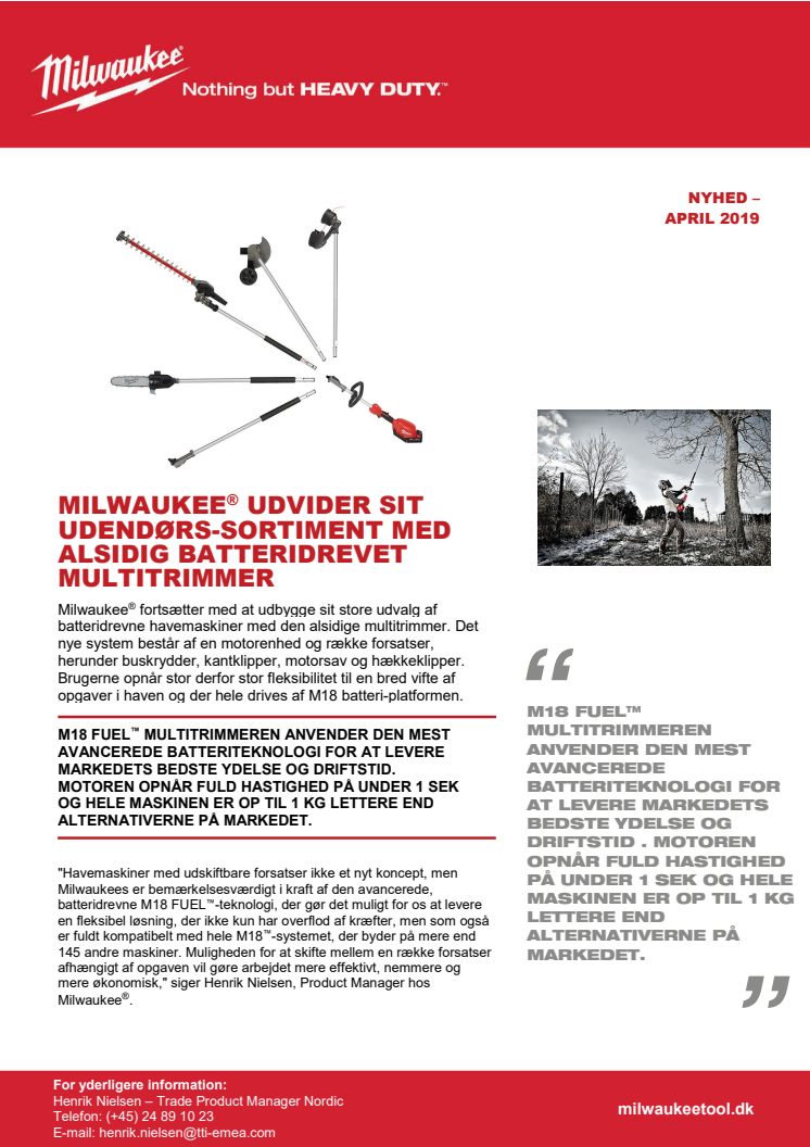 MILWAUKEE® UDVIDER SIT UDENDØRS-SORTIMENT MED ALSIDIG BATTERIDREVET MULTITRIMMER