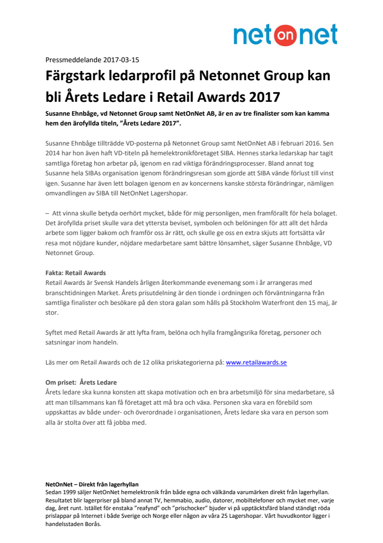 Färgstark ledarprofil på Netonnet Group kan bli Årets Ledare i Retail Awards 2017 