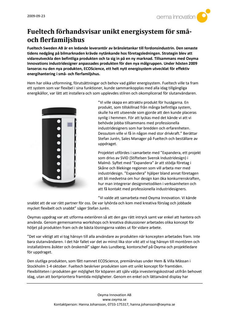 Oxyma med när Fueltech utvecklar nytt effektivare energisystem för små- och flerfamiljshus