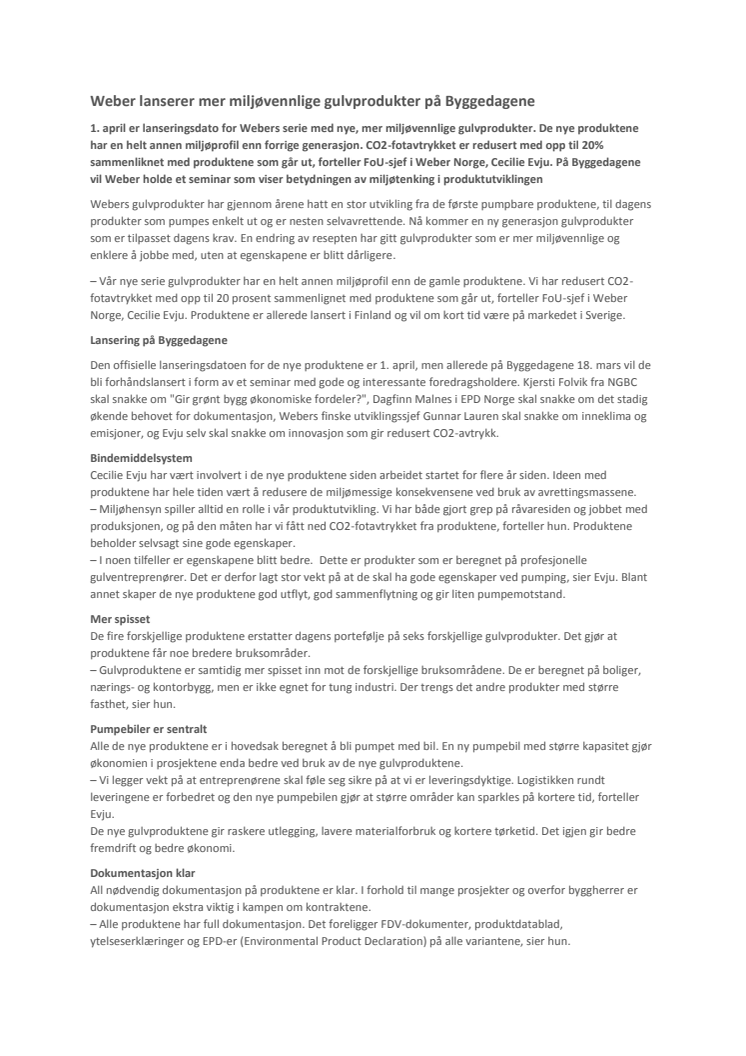 Weber lanserer mer miljøvennlige gulvprodukter på Byggedagene