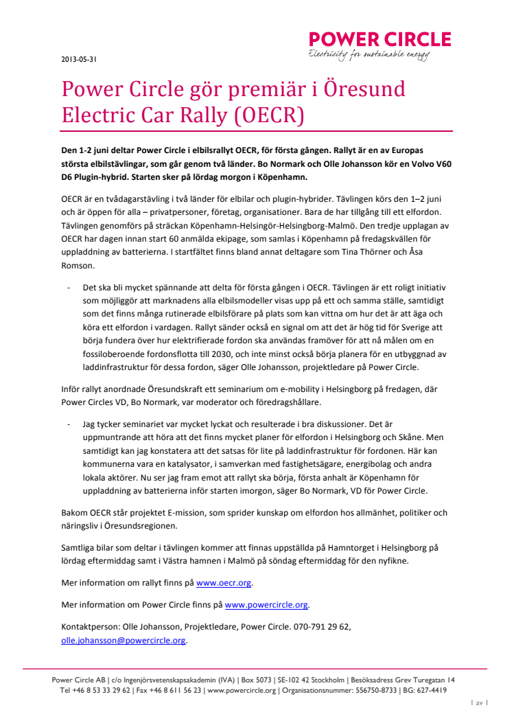 Power Circle gör premiär i Öresund Electric Car Rally (OECR)