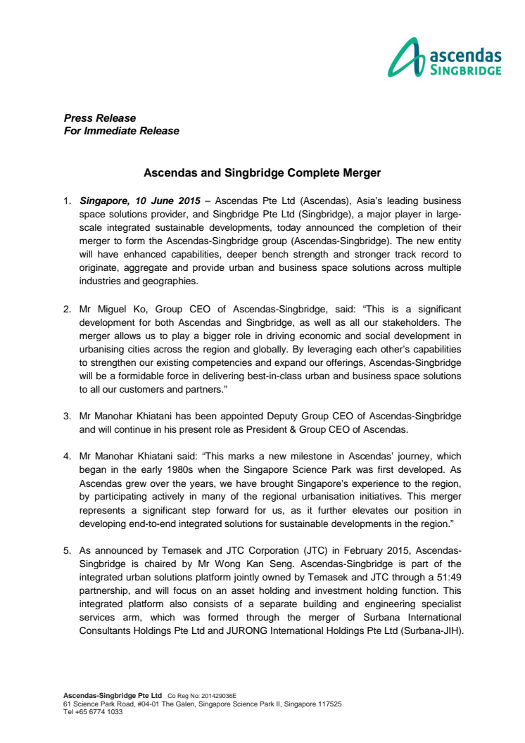 Ascendas and Singbridge Complete Merger