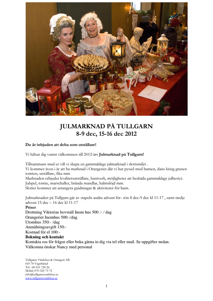 Inbjudan utställare julmarknad på Tullgarn