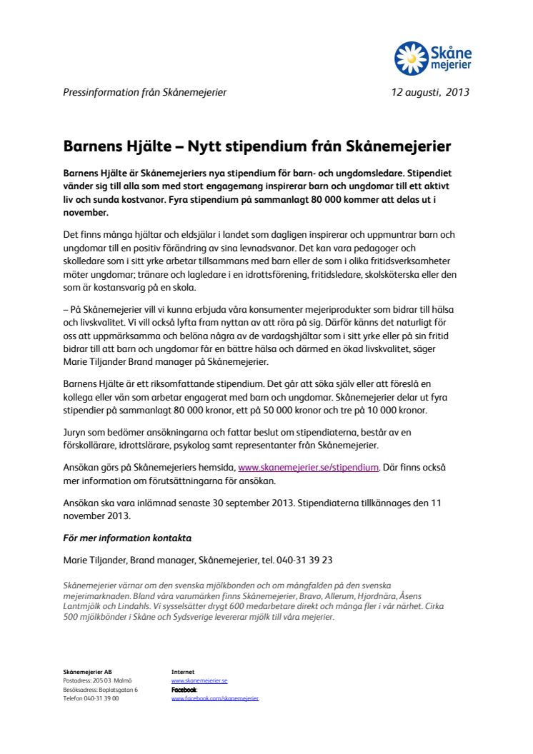 Barnens Hjälte – Nytt stipendium från Skånemejerier