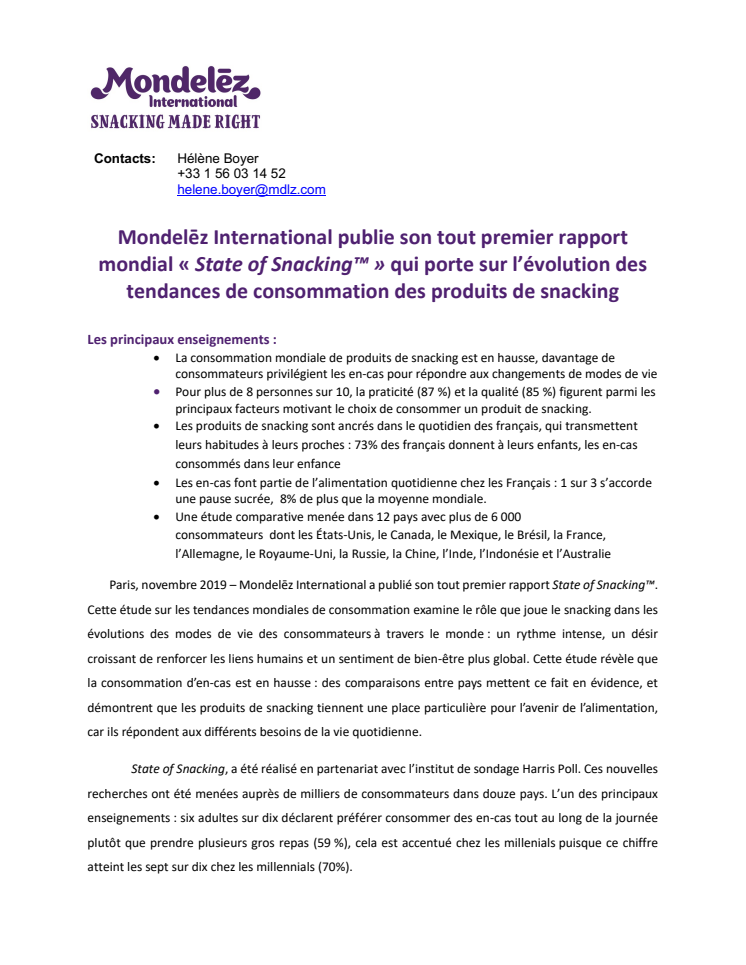 Mondelēz International publie son tout premier rapport mondial « State of Snacking™ » qui porte sur l’évolution des tendances de consommation des produits de snacking 