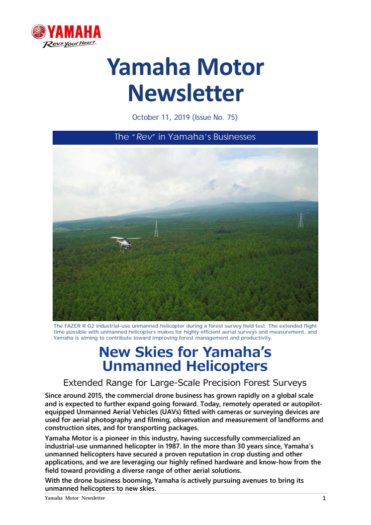 New Skies for Yamaha’s Unmanned Helicopters　Yamaha Motor Newsletter (October 11, 2019 No. 75)