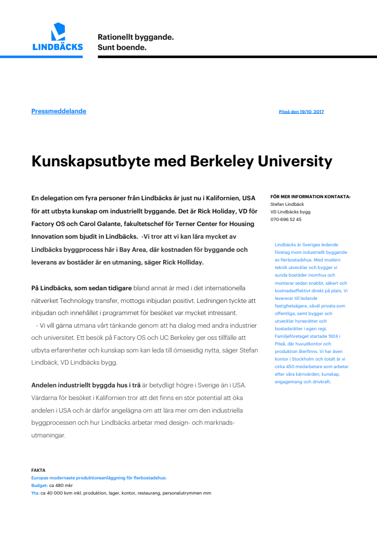 Kunskapsutbyte mellan Lindbäcks och Berkeley University