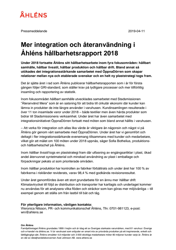 Mer integration och återanvändning i Åhléns hållbarhetsrapport 2018