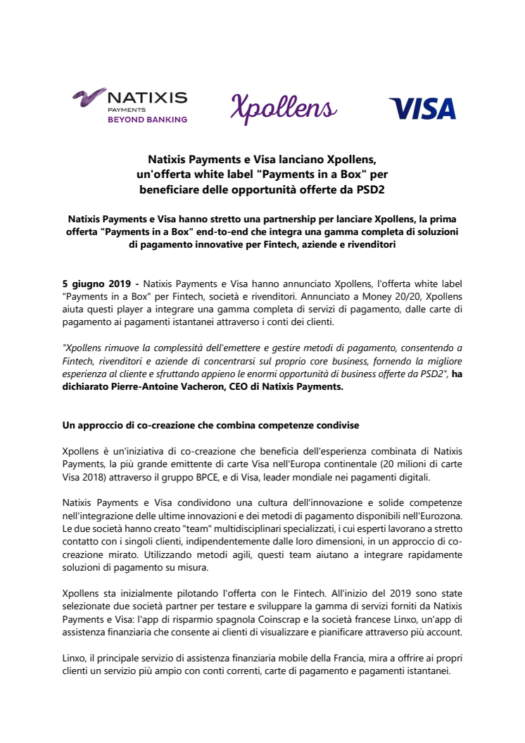 Natixis Payments e Visa lanciano Xpollens, un'offerta white label "Payments in a Box" per beneficiare delle opportunità offerte da PSD2