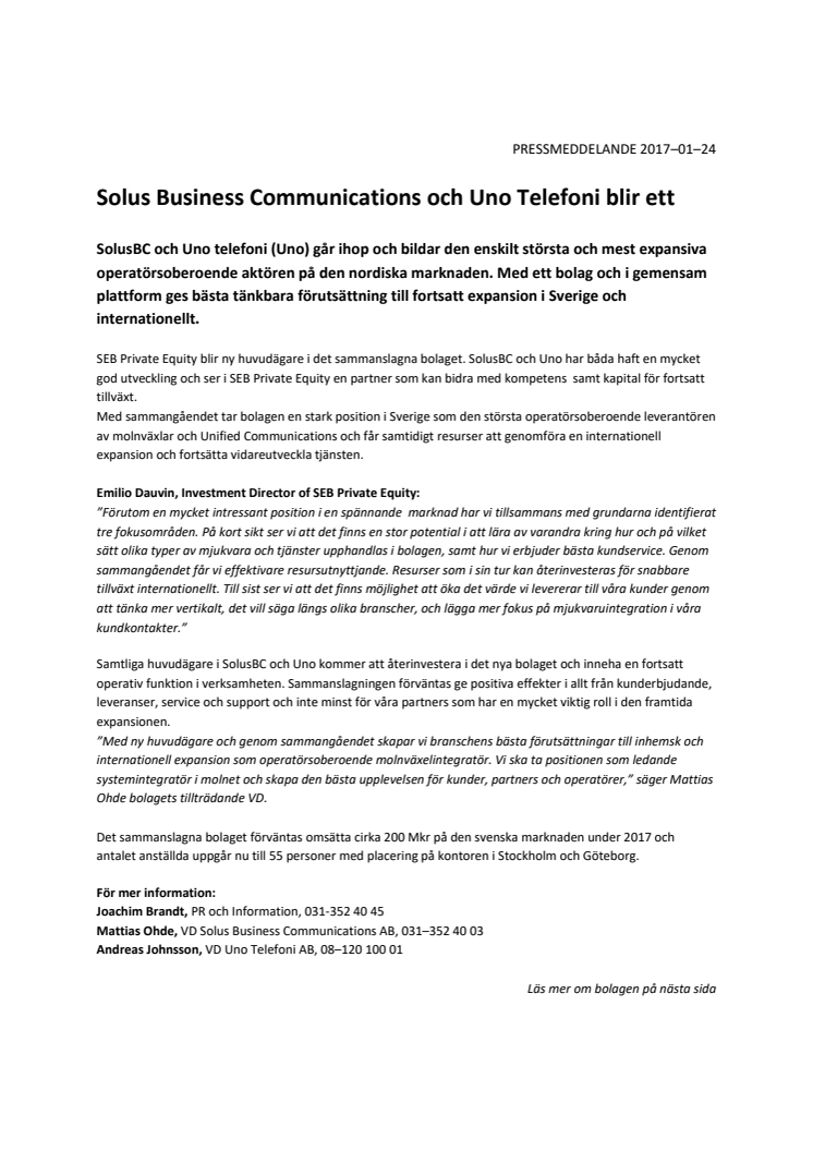 ​Solus Business Communications och Uno Telefoni blir ett