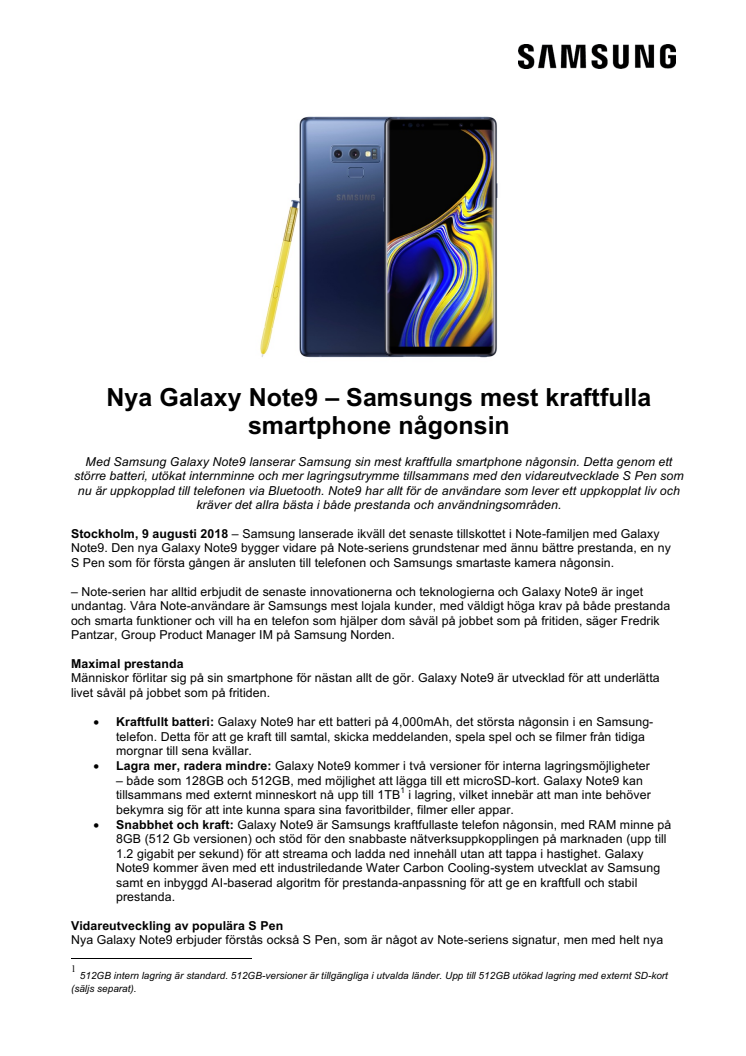 Nya Galaxy Note9 – Samsungs mest kraftfulla smartphone någonsin