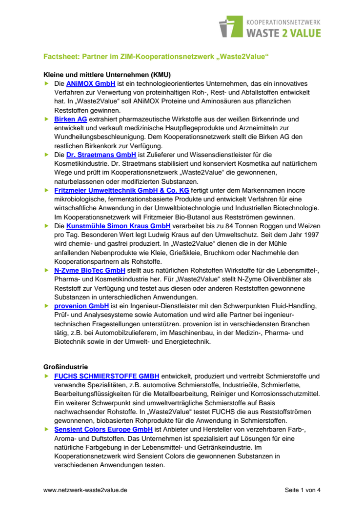 Factsheet Partner im ZIM-KN Waste2Value