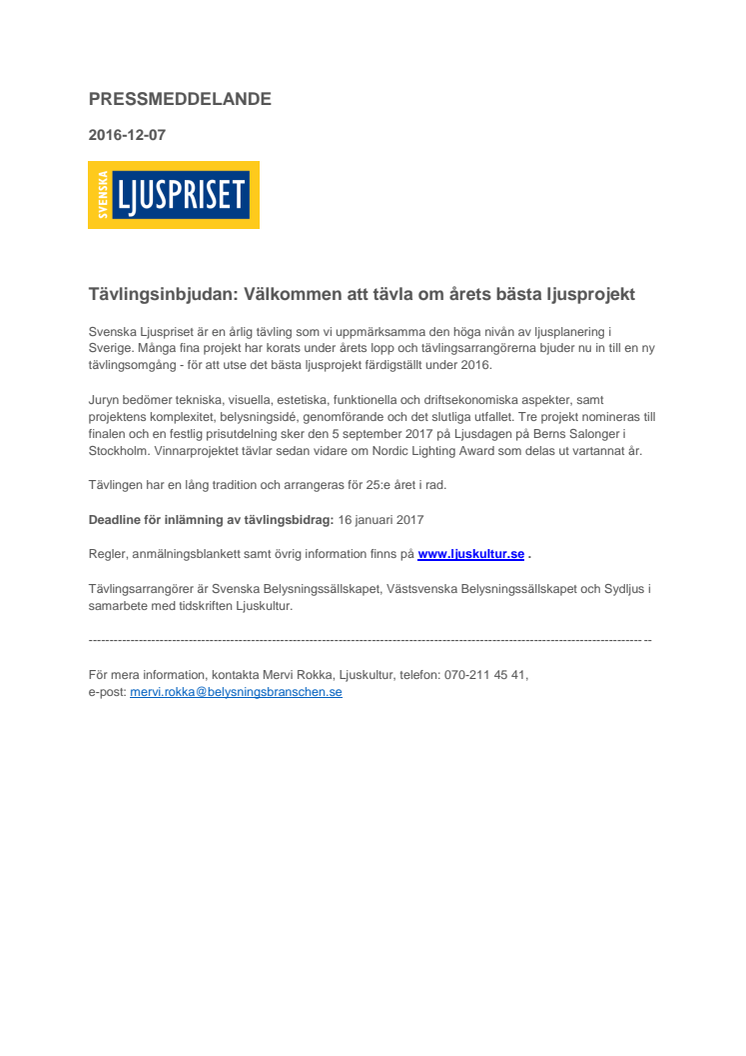 Inbjudan: Välkommen att tävla om årets bästa ljusprojekt