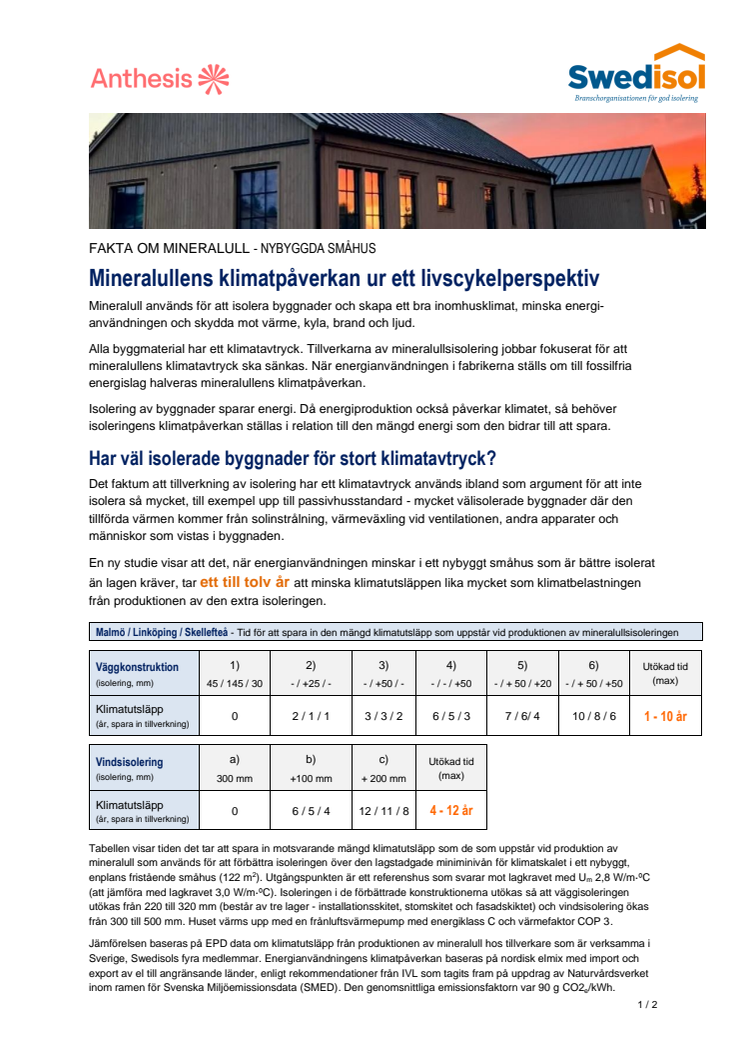 Faktablad - Klimatpåverkan under byggnadens livslängd nybyggda småhus