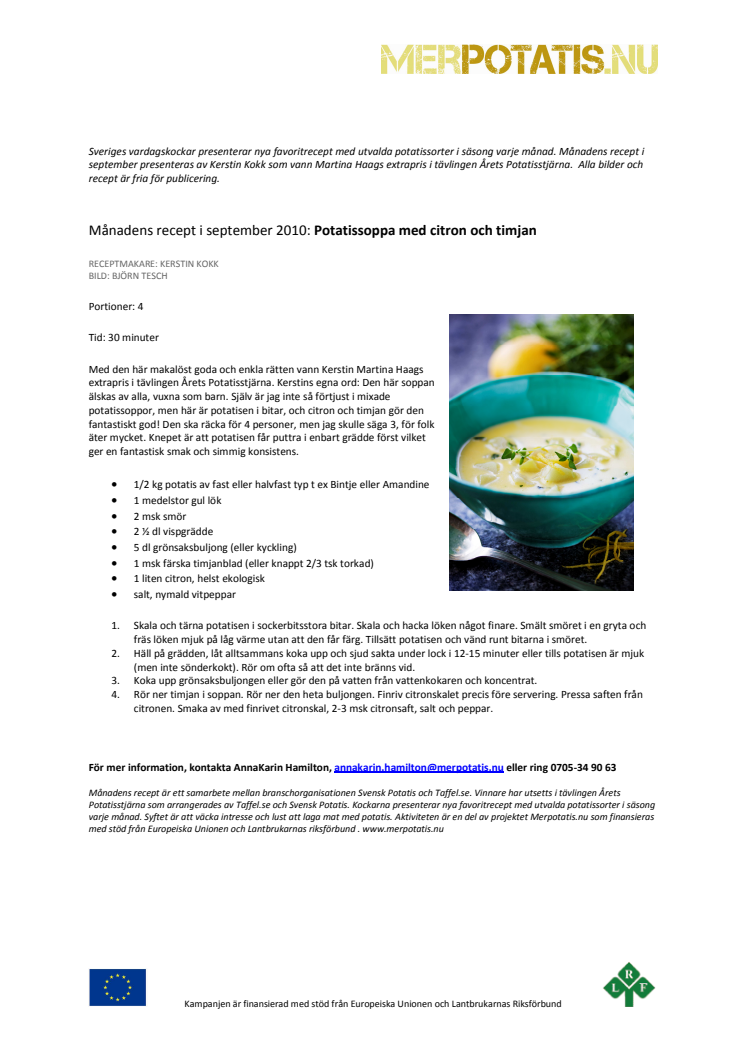 Månadens recept i september - Potatissoppa med citron och timjan