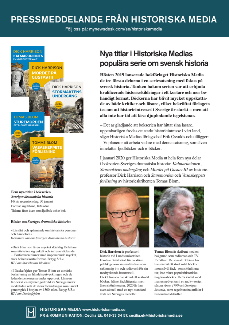 Nya titlar i Historiska Medias  populära serie om svensk historia