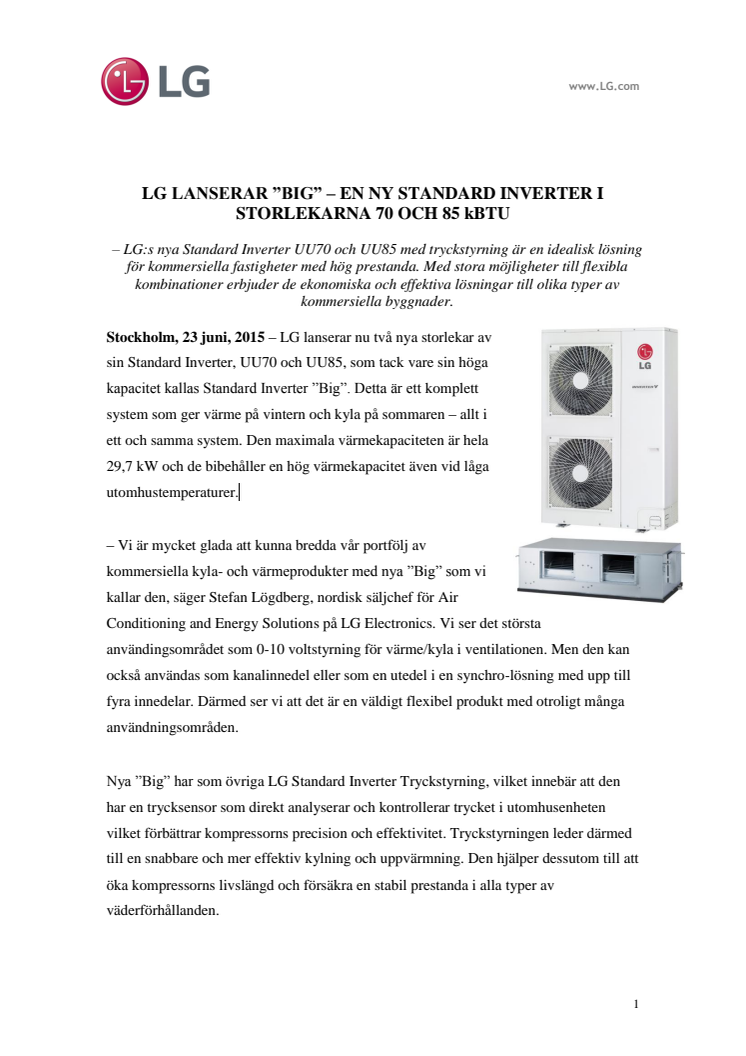 LG LANSERAR ”BIG” – EN NY STANDARD INVERTER I STORLEKARNA 70 OCH 85 kBTU