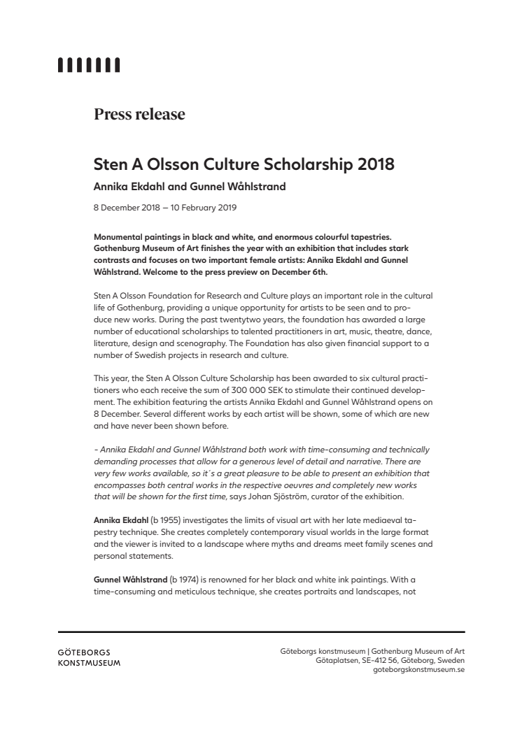 Sten A Olsson Culture Scholarship 2018