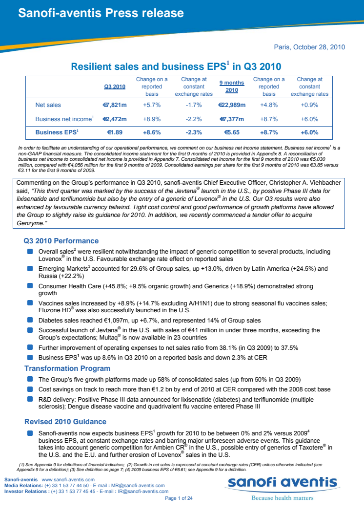 Resilient sales and business EPS in Q3 2010