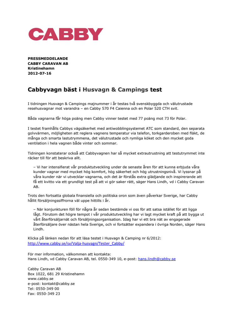 Cabbyvagn bäst i Husvagn & Campings test  