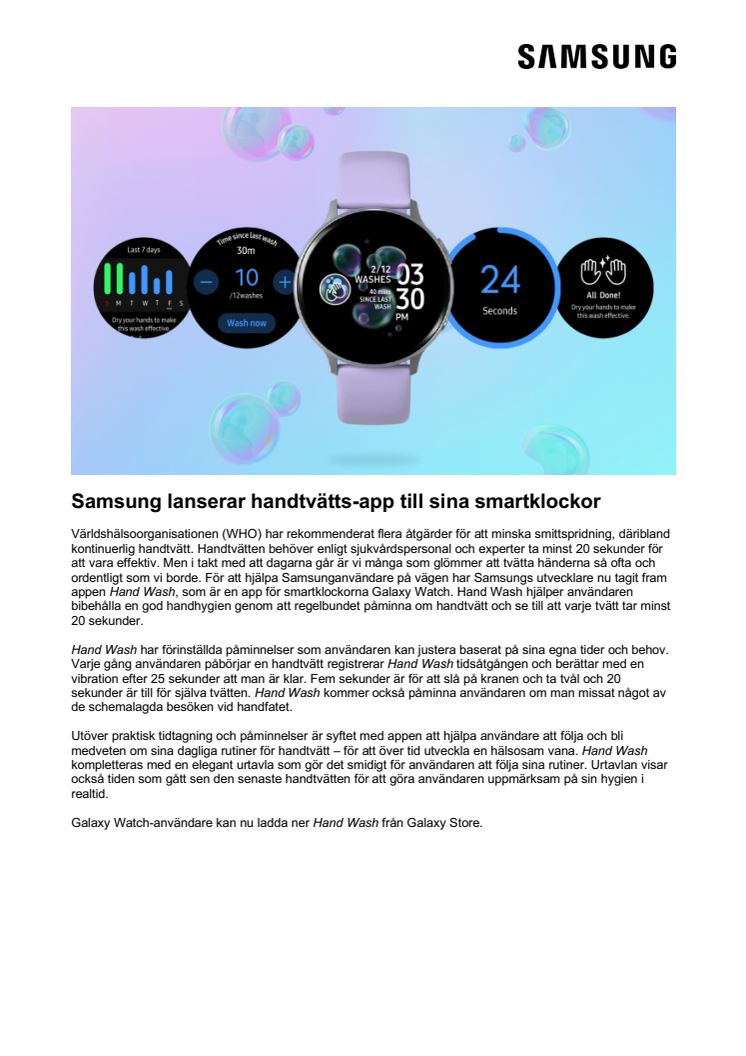 Samsung lanserar handtvätts-app till sina smartklockor