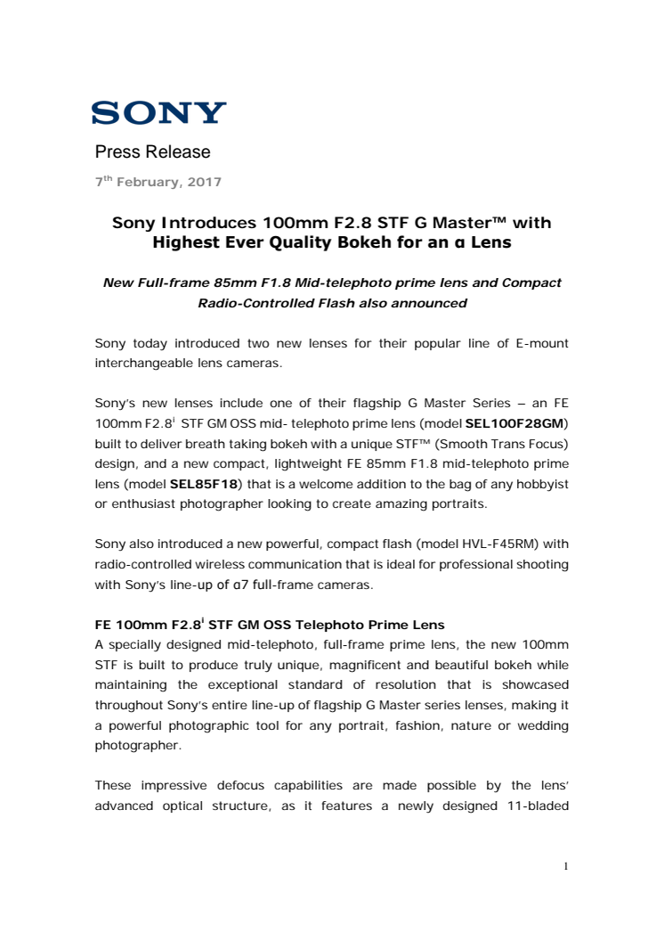 Sony introducerer to nye objektiver: FE 100mm F2.8 STF G Master™ og FE 85mm F1.8