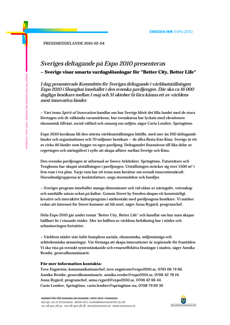 Sveriges deltagande på Expo 2010 presenteras