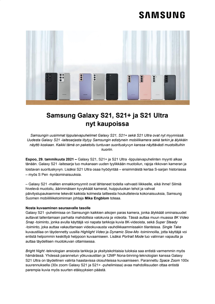 Samsung Galaxy S21, S21+ ja S21 Ultra nyt kaupoissa