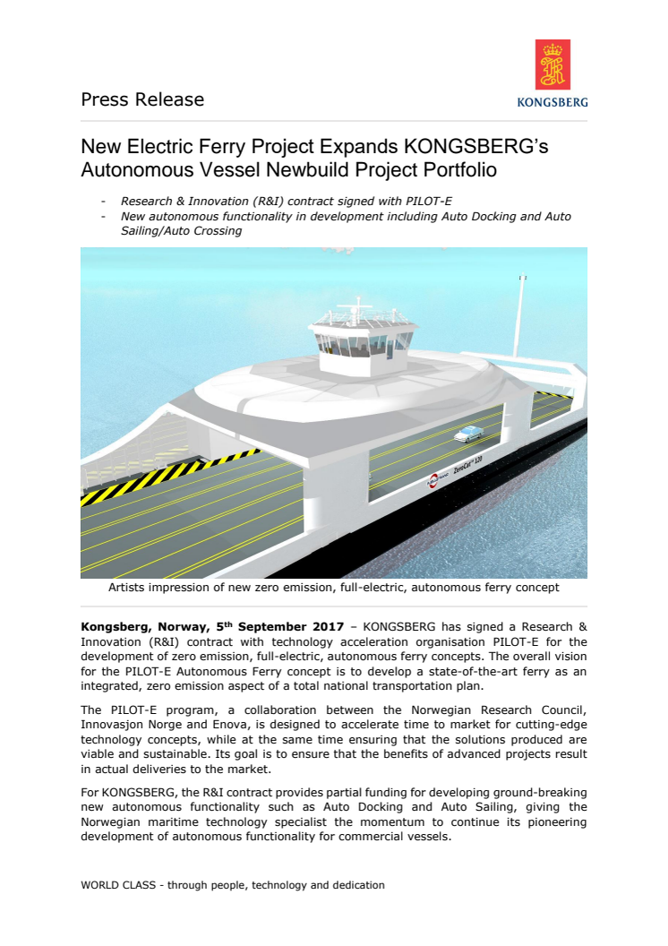 Kongsberg Maritime: New Electric Ferry Project Expands KONGSBERG’s Autonomous Vessel Newbuild Project Portfolio 