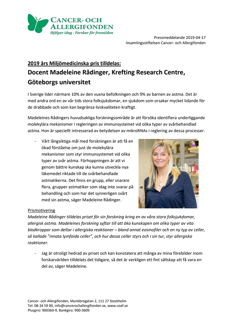 2019 års Miljömedicinska pris tilldelas Docent Madeleine Rådinger, Krefting Research Centre, Göteborgs universitet