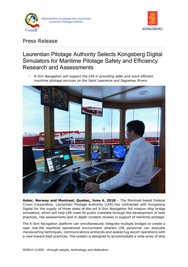 Kongsberg Digital: Laurentian Pilotage Authority Selects Kongsberg Digital Simulators for Maritime Pilotage Safety and Efficiency Research and Assessments