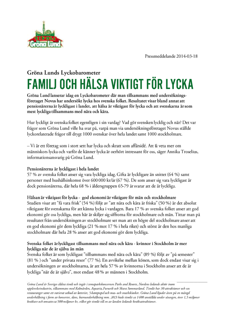 Gröna Lunds Lyckobarometer - Familj och hälsa viktigt för lycka