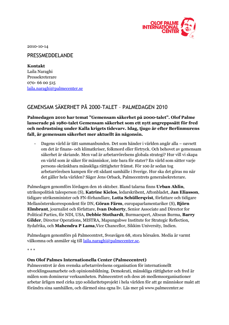 Gemensam säkerhet på 2000-talet - Palmedagen 2010