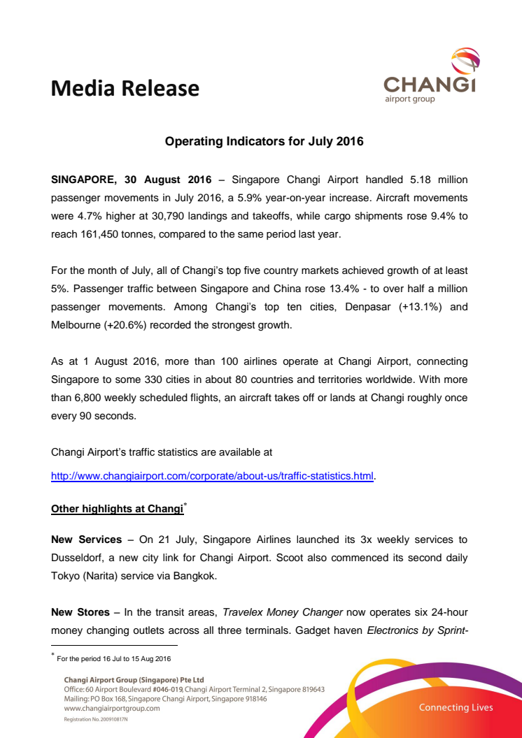  Operating Indicators for July 2016