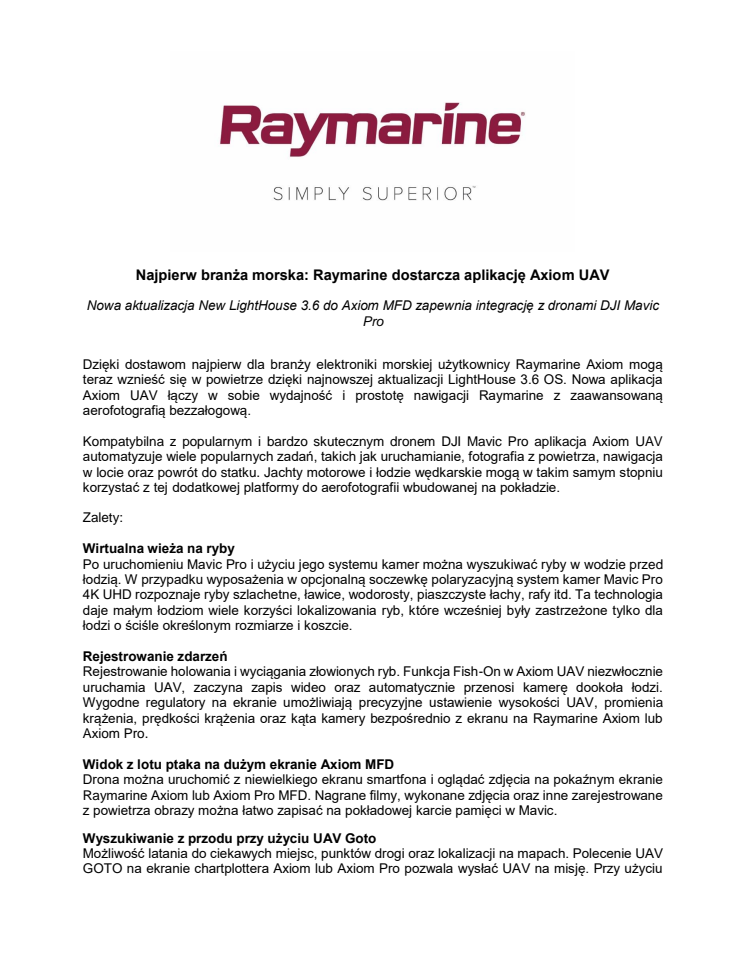 Raymarine: Najpierw branża morska: Raymarine dostarcza aplikację Axiom UAV