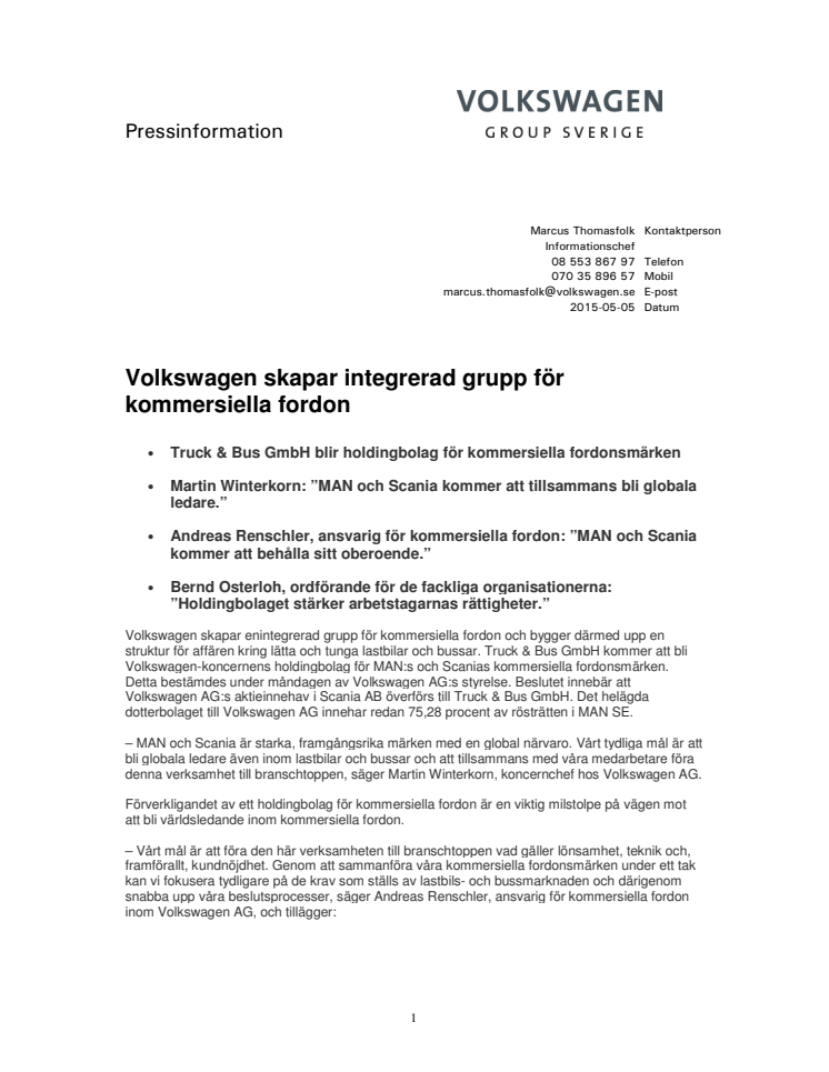 Volkswagen skapar integrerad grupp för kommersiella fordon