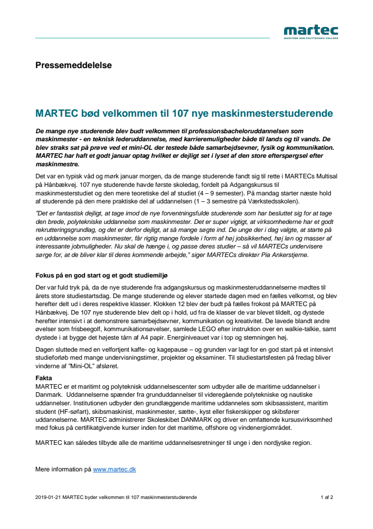 MARTEC bød velkommen til 107 nye maskinmesterstuderende 