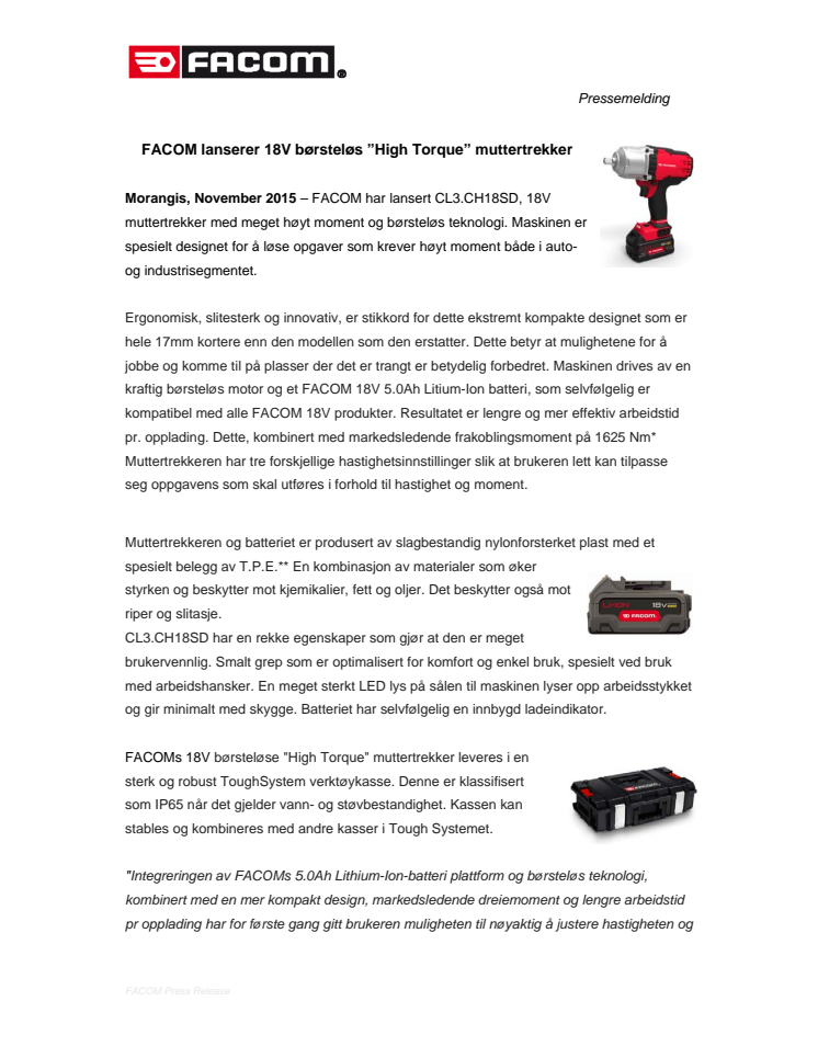 FACOM lanserer 18V børsteløs ”High Torque” muttertrekker
