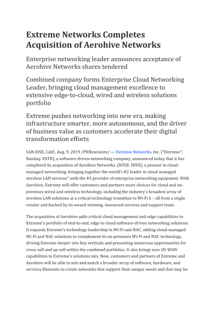 Extreme Networks Completes Acquisition of Aerohive Networks
