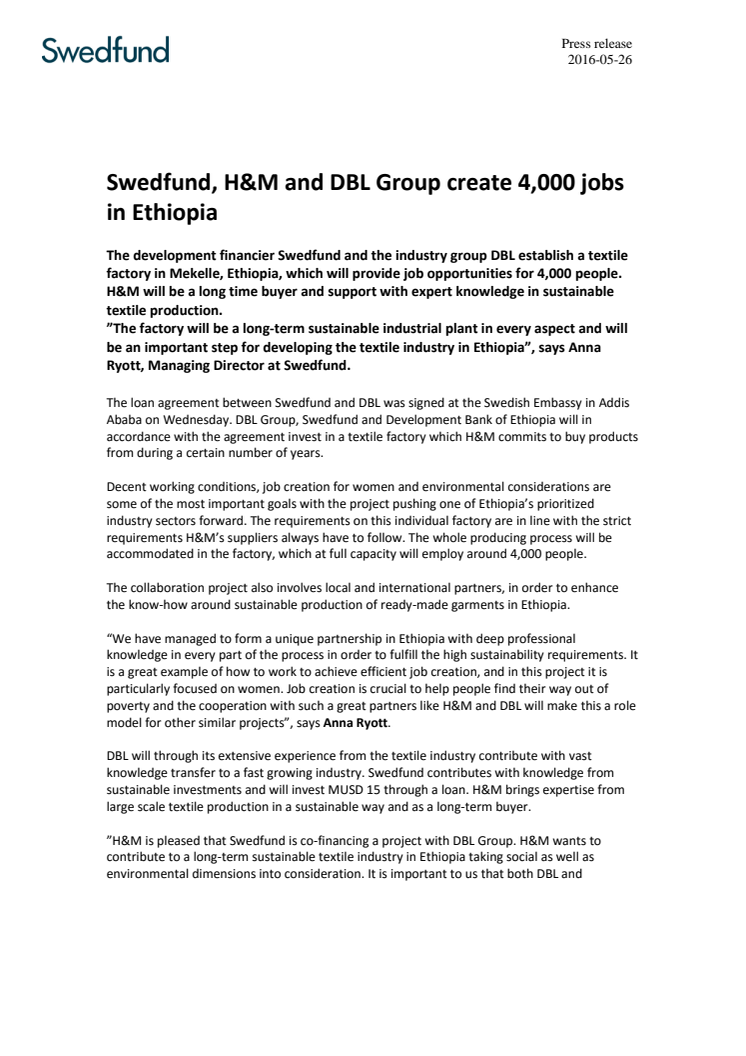 Swedfund, H&M and DBL Group create 4,000 jobs in Ethiopia
