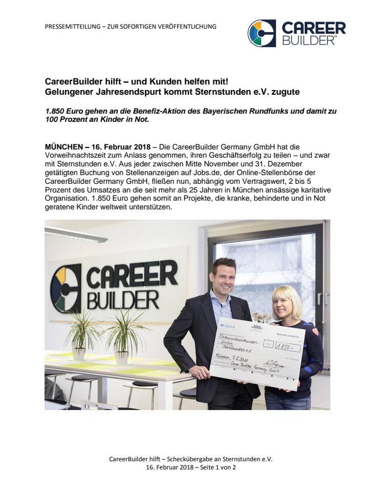 CareerBuilder hilft – und Kunden helfen mit: Gelungener Jahresendspurt kommt Sternstunden e.V. zugute 