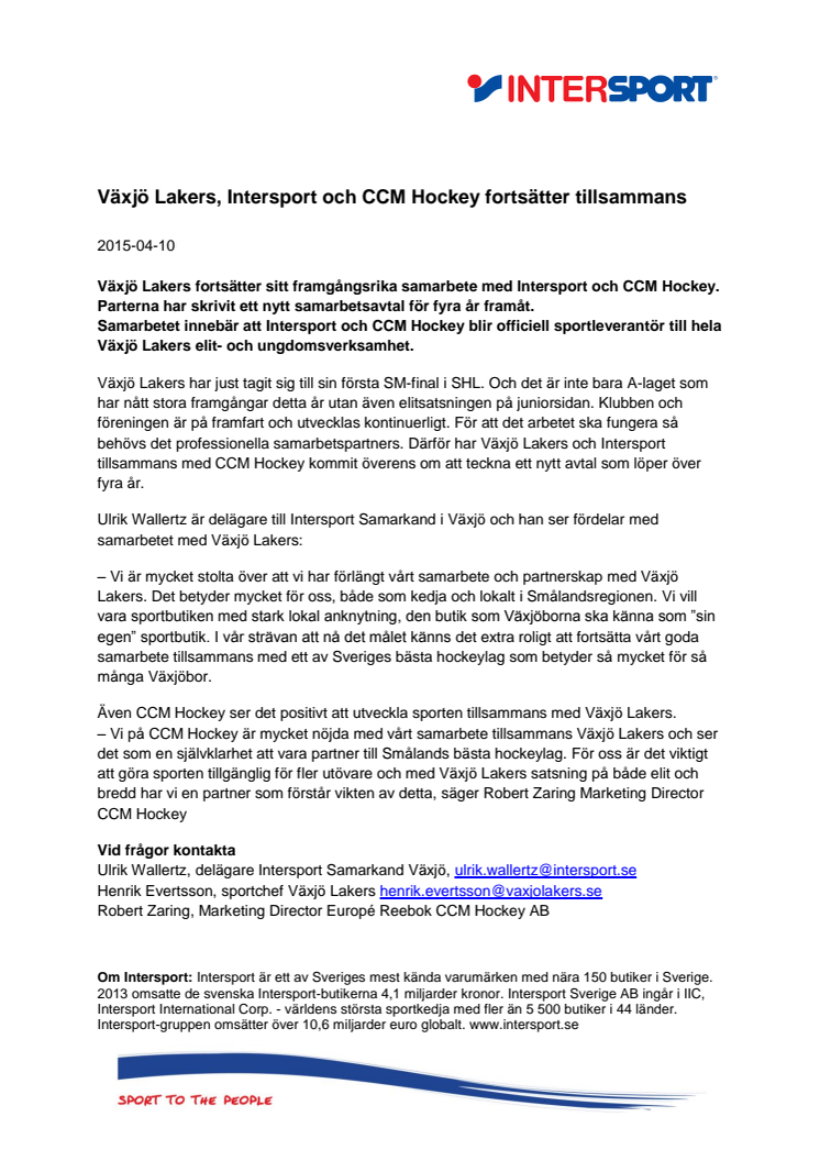 Växjö Lakers, Intersport och CCM Hockey fortsätter tillsammans