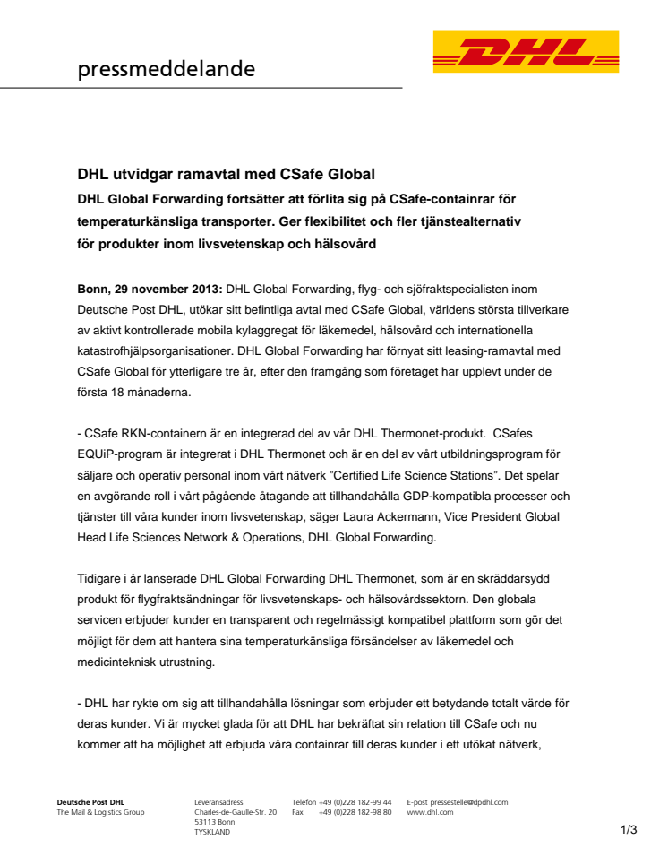 DHL utvidgar ramavtal med CSafe Global