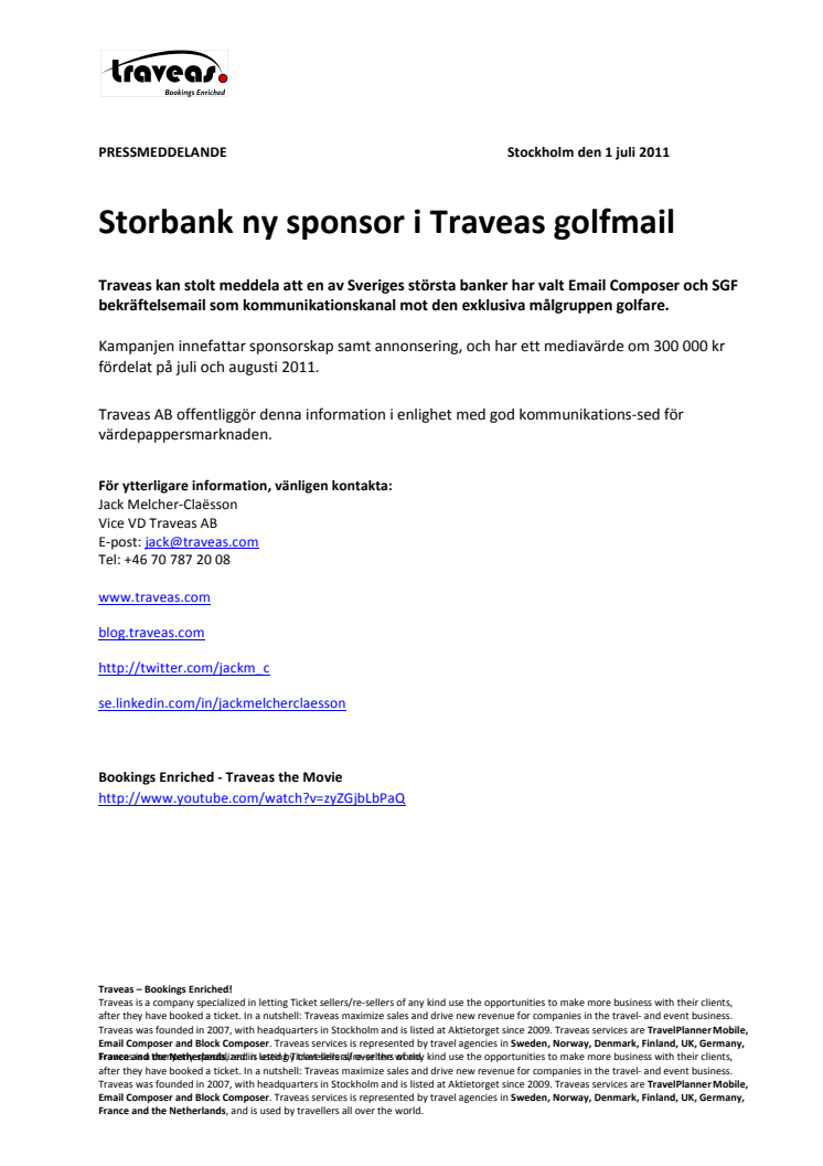 Storbank ny sponsor i Traveas golfmail  