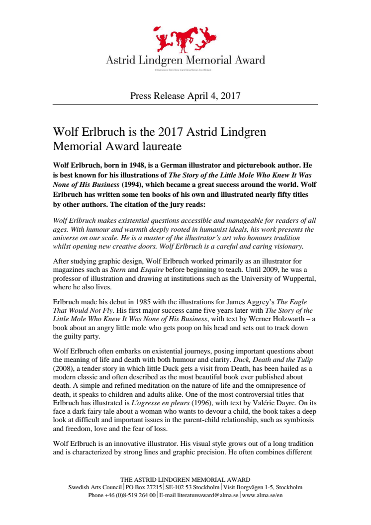 Wolf Erlbruch is the 2017 Astrid Lindgren Memorial Award laureate