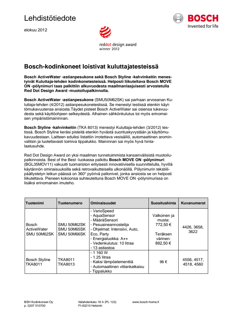 Bosch-kodinkoneet loistivat kuluttajatesteissä