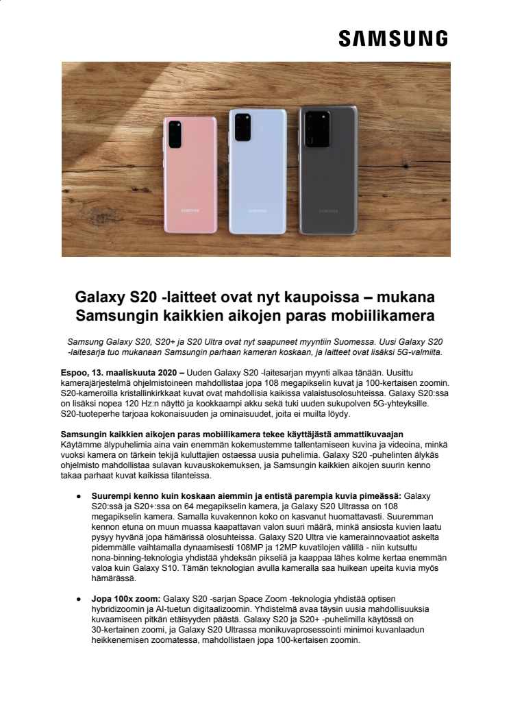 Galaxy S20 -laitteet ovat nyt kaupoissa – mukana Samsungin kaikkien aikojen paras mobiilikamera