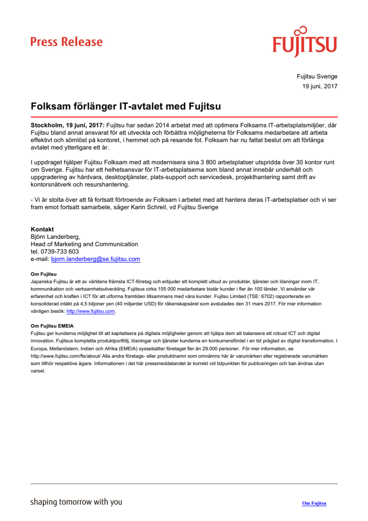 Folksam förlänger IT-avtalet med Fujitsu